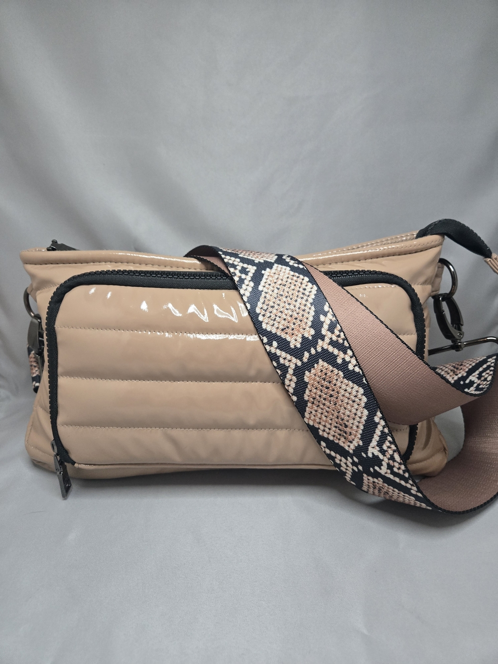 Women’s Beige Quilted Crossbody Bag with Patterned Strap